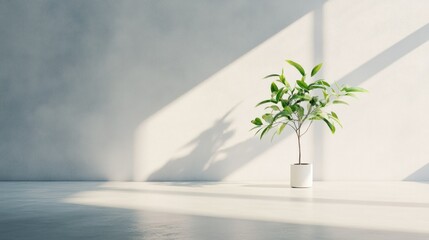 A single plant in a white pot sits on a white surface against a white wall. The sunlight streams through a window, casting shadows on the wall and floor.