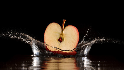 Fresh apples and water splash against black background. Tasty sweet food. Natural fruit.