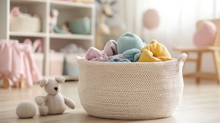 Aufkleber - A laundry basket brimming with vibrant kids' clothes and cuddly toys sits in a cozy, sunlit room, creating a playful atmosphere. Generative AI
