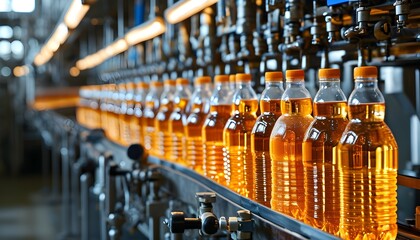 Modern beverage bottling line in a clean, well-lit factory environment