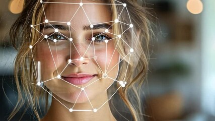 Poster - A woman is smiling as a digital overlay resembling facial recognition technology appears on her face in a contemporary indoor environment.