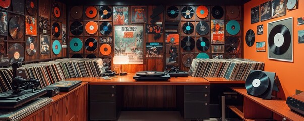 home office with a vintage record store theme, featuring walls lined with vinyl records, a turntable