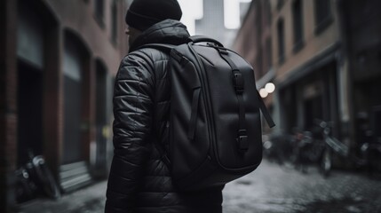 A person in a dark jacket carrying a sleek backpack in an alley.