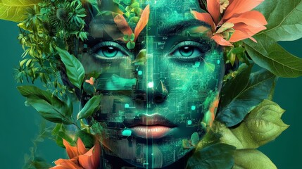 Futuristic Wellness Infused with Digital Nature AI: Green Supplement Innovation and Vibrant Botanical Tech