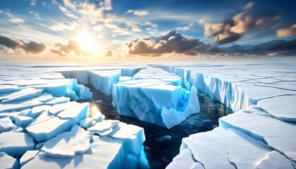 Wall Mural - Cracked Iceberg Fragments Highlighting Water Gap Amidst Global Warming and Environmental Conditions in 3D Rendering