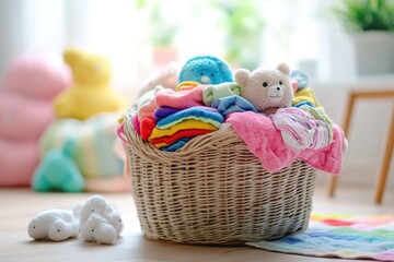 Aufkleber - Brightly colored children's clothes and soft toys fill a laundry basket in a warm, sunlit room, creating a cheerful atmosphere. Generative AI