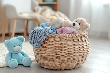 Poster - A laundry basket overflows with vibrant children's clothing and soft toys, adding cheer to a sunlit room filled with warmth. Generative AI