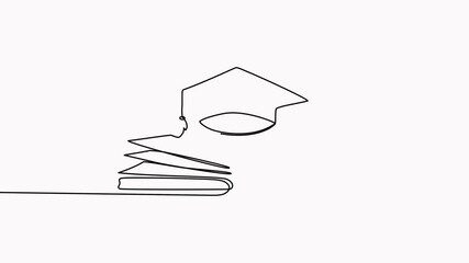 Poster - Graduation hat and open book continuous line drawing animation. Animated education linear concept video.