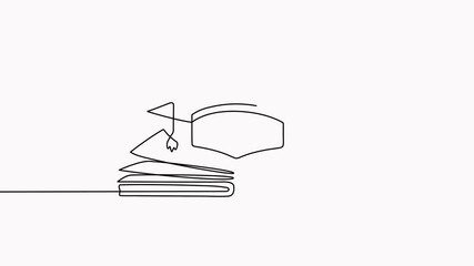 Poster - Graduation hat and open book continuous line drawing animation. Animated education linear concept video.
