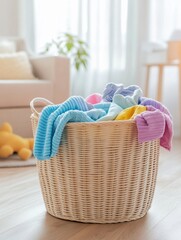 Aufkleber - A laundry basket brimming with vibrant children's clothing and soft toys sits in a well-lit, inviting room, creating a cheerful atmosphere. Generative AI