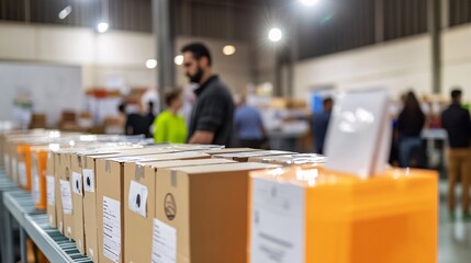 Aufkleber - A view of voters inside a polling station with voting booths lined up representing the organization and structure of the election process Large space for text in center Stock Photo with copy space