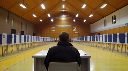 Wall Mural - A view of voters inside a polling station with voting booths lined up representing the organization and structure of the election process Large space for text in center Stock Photo with copy space