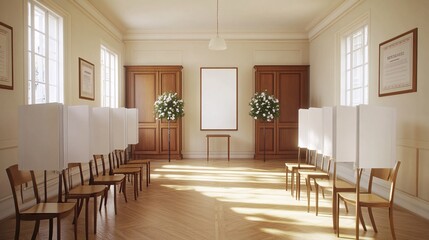 Aufkleber - A view of voters inside a polling station with voting booths lined up representing the organization and structure of the election process Large space for text in center Stock Photo with copy space