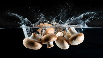 Wall Mural - Fresh champignon mushrooms and water splash against black background. Natural vegetable.