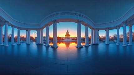 Aufkleber - A panoramic view of the US Capitol Building at dawn symbolizing the beginning of a new day and the hope for political change Large space for text in center Stock Photo with copy space
