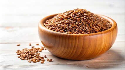 Wall Mural - flaxseed in wooden bowl on white background