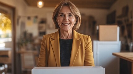 Aufkleber - An image of an older voter smiling proudly after voting representing the long-standing tradition of civic participation and the value of every vote Large space for text in center Stock Photo with