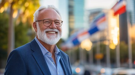 Aufkleber - An image of an older voter smiling proudly after voting representing the long-standing tradition of civic participation and the value of every vote Large space for text in center Stock Photo with