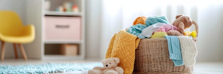 Aufkleber - A basket brimming with cheerful children's clothing and plush toys is positioned in a well-lit, inviting room. Generative AI