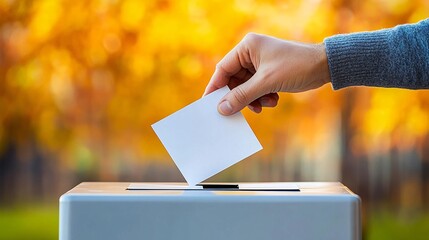 Poster - A close-up of a voter placing a ballot into a secure drop box symbolizing safe and trusted methods for casting a vote Large space for text in center Stock Photo with copy space