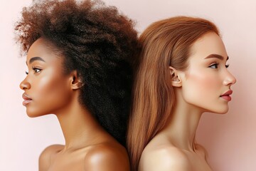 Portrait of two women with different hair textures and skin tones against a neutral backdrop celebrating diversity beauty and the contrast between curly and straight hair in a minimalist setting