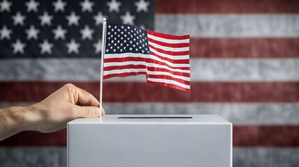 Poster - A close-up of a voter placing a ballot into a secure drop box symbolizing safe and trusted methods for casting a vote Large space for text in center Stock Photo with copy space