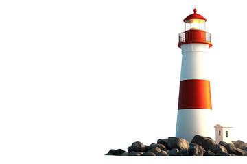 A vibrant lighthouse stands tall on rugged rocks, illuminated by its bright beam. The red and white stripes signal safety to ships, set against a clear background.