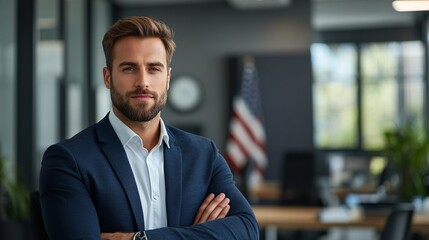 Poster - A professional candidate portrait with the American flag in the background symbolizing leadership vision and a strong sense of national identity Large space for text in center Stock Photo with copy