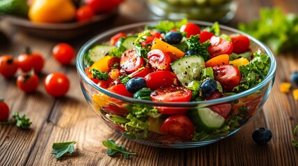 A colorful bowl of fresh salad with a variety of vegetables and fruits beautifully arranged on a wooden table symbolizing good nutrition and healthy eating habits Large space for text in center Stock