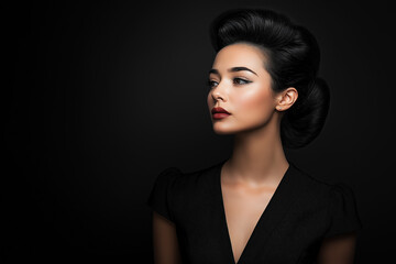 Beautiful woman with a vintage hairstyle, wearing a black dress, posing against a dark background and looking at the camera. Portrait of a fashion model with an elegant hairdo and smoky eye makeup.