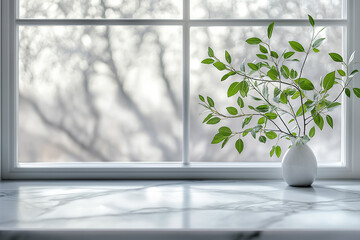 Wall Mural - white marble table top with a blurred abstract background of a window and green leaves for a product