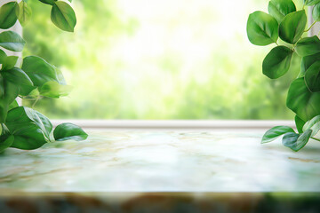 White marble table top with a blurred abstract background of a window and green leaves for a product display montage