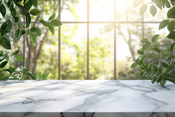 Wall Mural - white marble table top with a blurred abstract background of a window and green leaves for a product