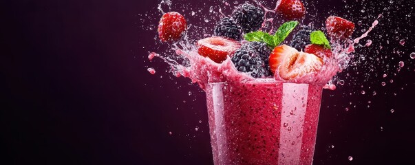 A vibrant smoothie splashes, showcasing fresh strawberries and berries, with mint leaves, against a dark background, emphasizing freshness and flavor.