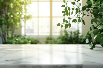 Wall Mural - white marble table top with a blurred abstract background of a window and green leaves for a product
