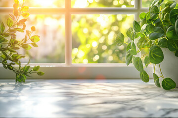 Wall Mural - white marble table top with a blurred abstract background of a window and green leaves for a product