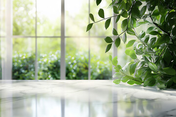 Wall Mural - white marble table top with a blurred abstract background of a window and green leaves for a product