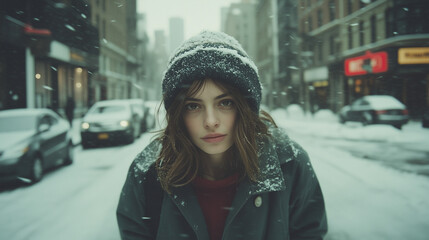 Wall Mural - A woman wearing a black hat and a red shirt stands in the snow