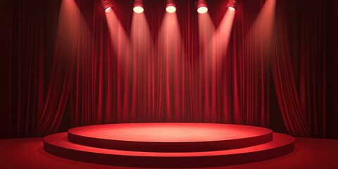 Poster - Red stage with a spotlight and curtain background, vector illustration. Empty theater or concert hall with spotlights on the podium. Vector, detailed concept art