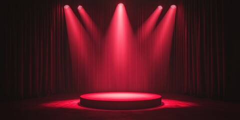 Poster - Red stage with a spotlight, spotlights shining on the podium. 