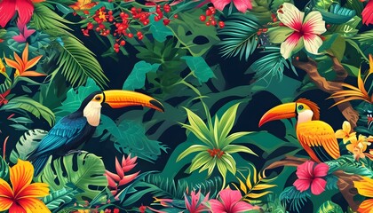 Tropical Rainforest Inspired Seamless Pattern Featuring Vibrant Birds and Lush Flowers