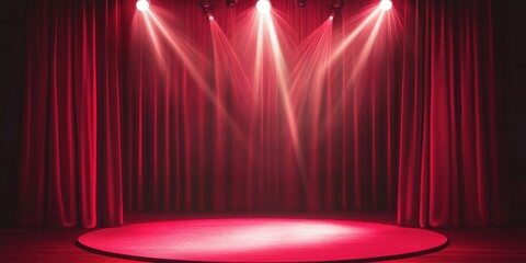 Poster - Red stage with spotlight and curtain background, vector illustration. Flat design, detailed illustrations, commercial images. 