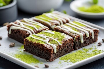 Wall Mural - Delicious chocolate brownies topped with creamy frosting and a sprinkle of vibrant green matcha powder, served on a stylish plate.