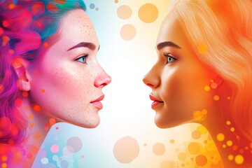 Poster - Dreamy portrait of two women facing each other with soft lighting delicate color gradients and ethereal textures symbolizing beauty contemplation and human connection