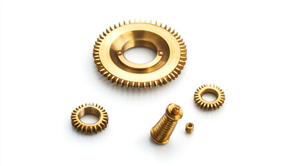 Detailed close-up of metallic gears and a bolt arranged on a white background for design purposes