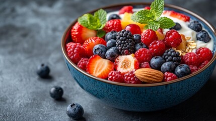 Aufkleber - A close-up of a colorful fruit bowl with fresh berries nuts and yogurt representing a balanced nutritious breakfast for energy and health Large space for text in center Stock Photo with copy space