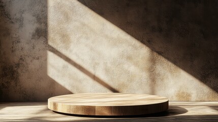 Empty round wooden platform with warm shadows on a sunny wall, ideal for stylish product presentation