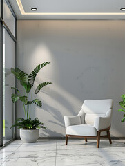 A white armchair with wooden legs sits in a modern living room with a large window and a potted plant. The room has a minimalist aesthetic.