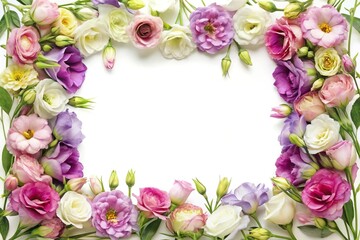 Floral frame of eustoma flowers isolated on white background