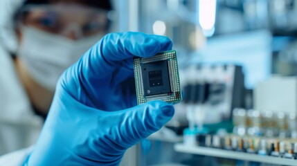 Poster - A person wearing a lab coat and blue gloves holding a small electronic device